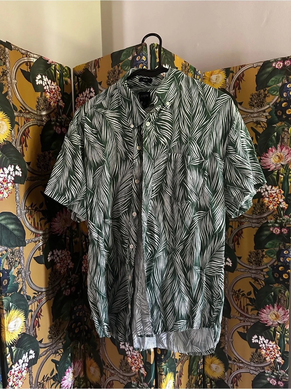 J. Crew Men's Green & White Leaf-Print Short-Sleeve Button-Up Shirt Linen Slim L
